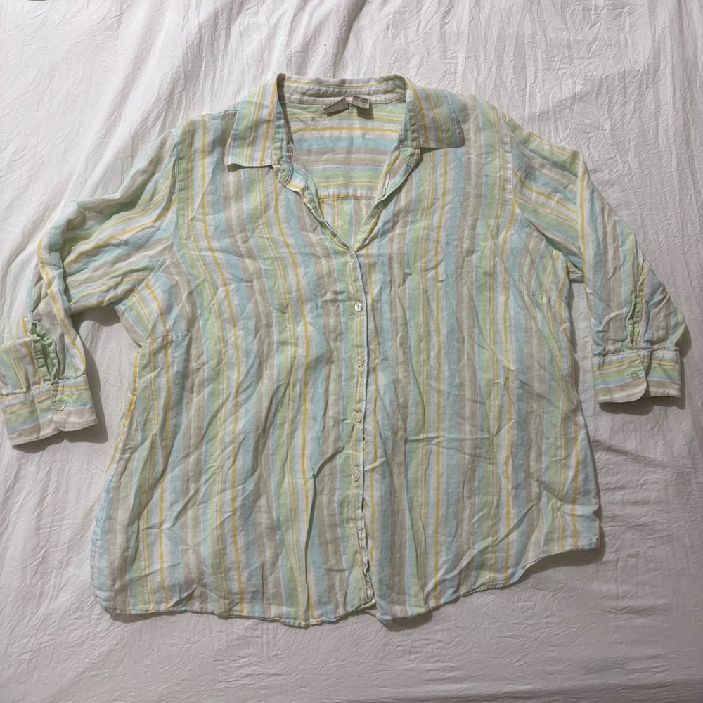 L.L. Bean Pastel Striped Linen Long Sleeve Button Down Shirt 2X Coastal Spring